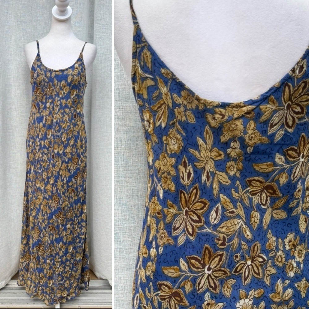 Y2K NWT Sacred Threads blue brown floral bias spaghetti strap long cotton dress